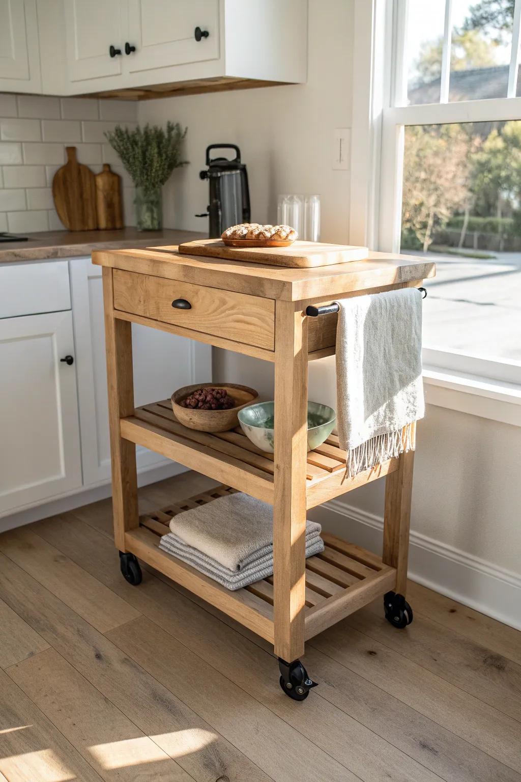 Rolling prep island: extra counter space on demand, crafted from salvaged wood with style.