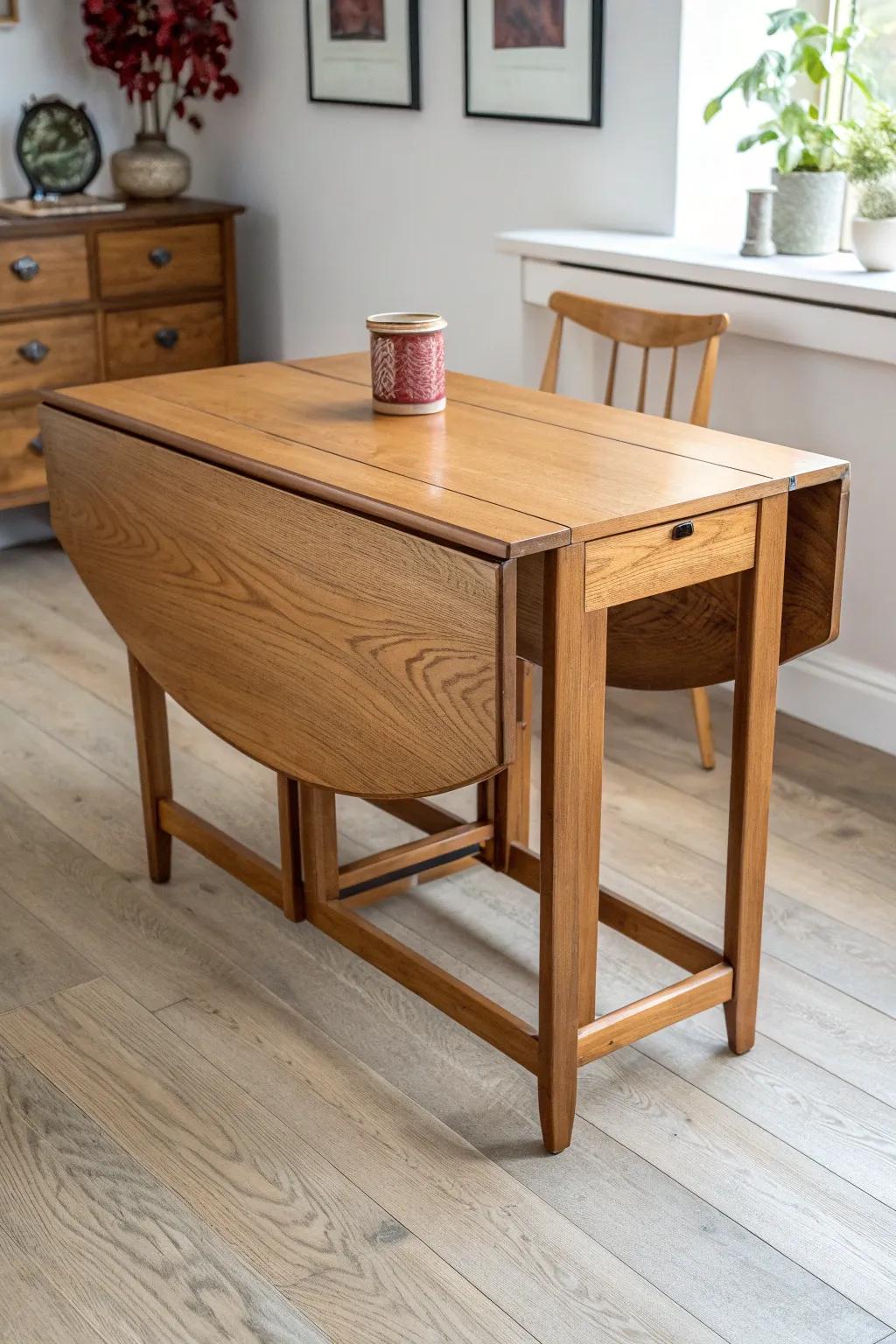 Space-saving gateleg table: fold down daily, flip up both sides for guests in style.