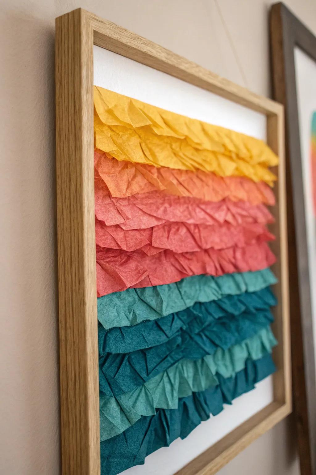 Elevate your space with the elegance of tissue paper wall art, where simplicity meets bold color.