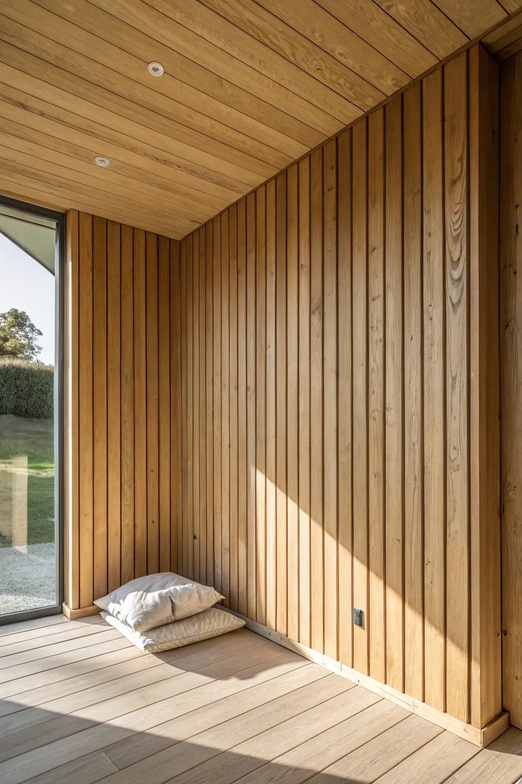 Seamless tongue-and-groove corner wrap for a built-in look—clean lines, warm oak, big impact.