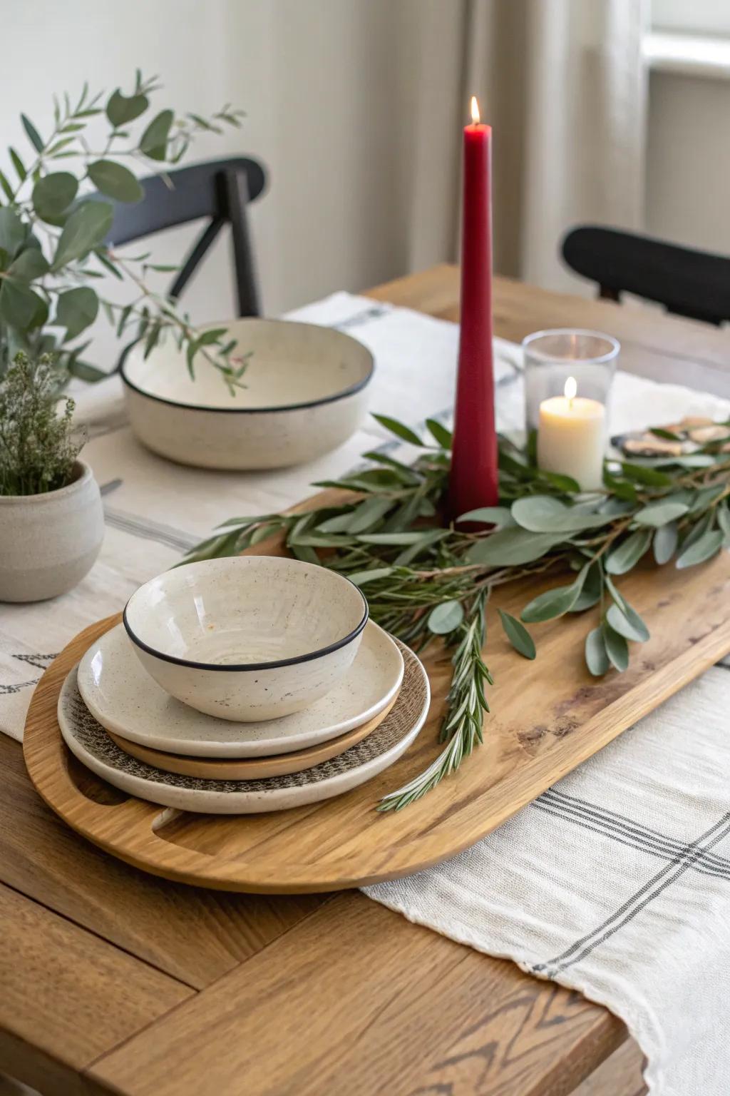 Classic dining tablescape: oak, linen, layered plates, and low greenery for warm tradition.