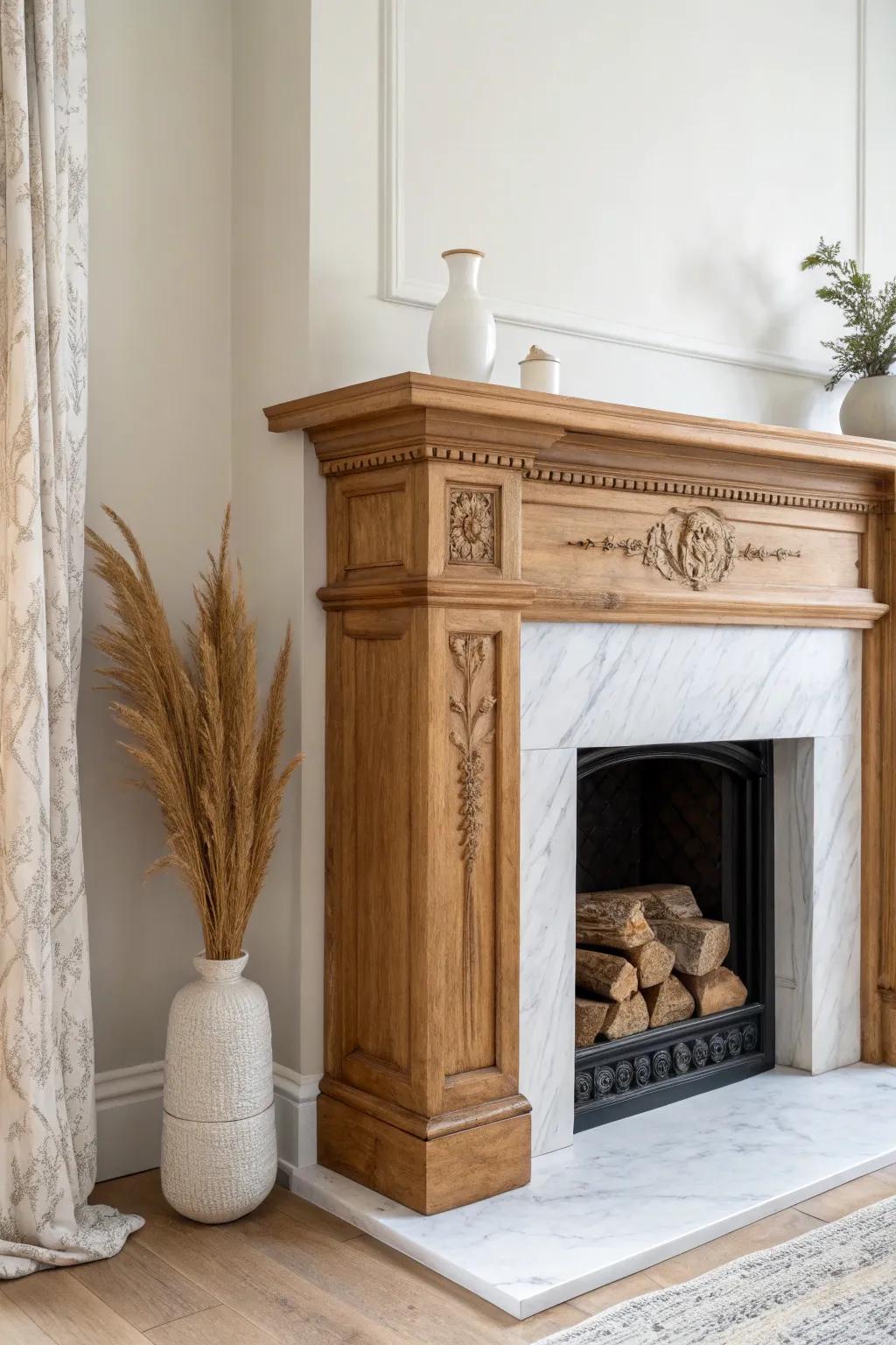 Classic carved wood mantel with a crisp marble-look surround—simple styling, big impact.