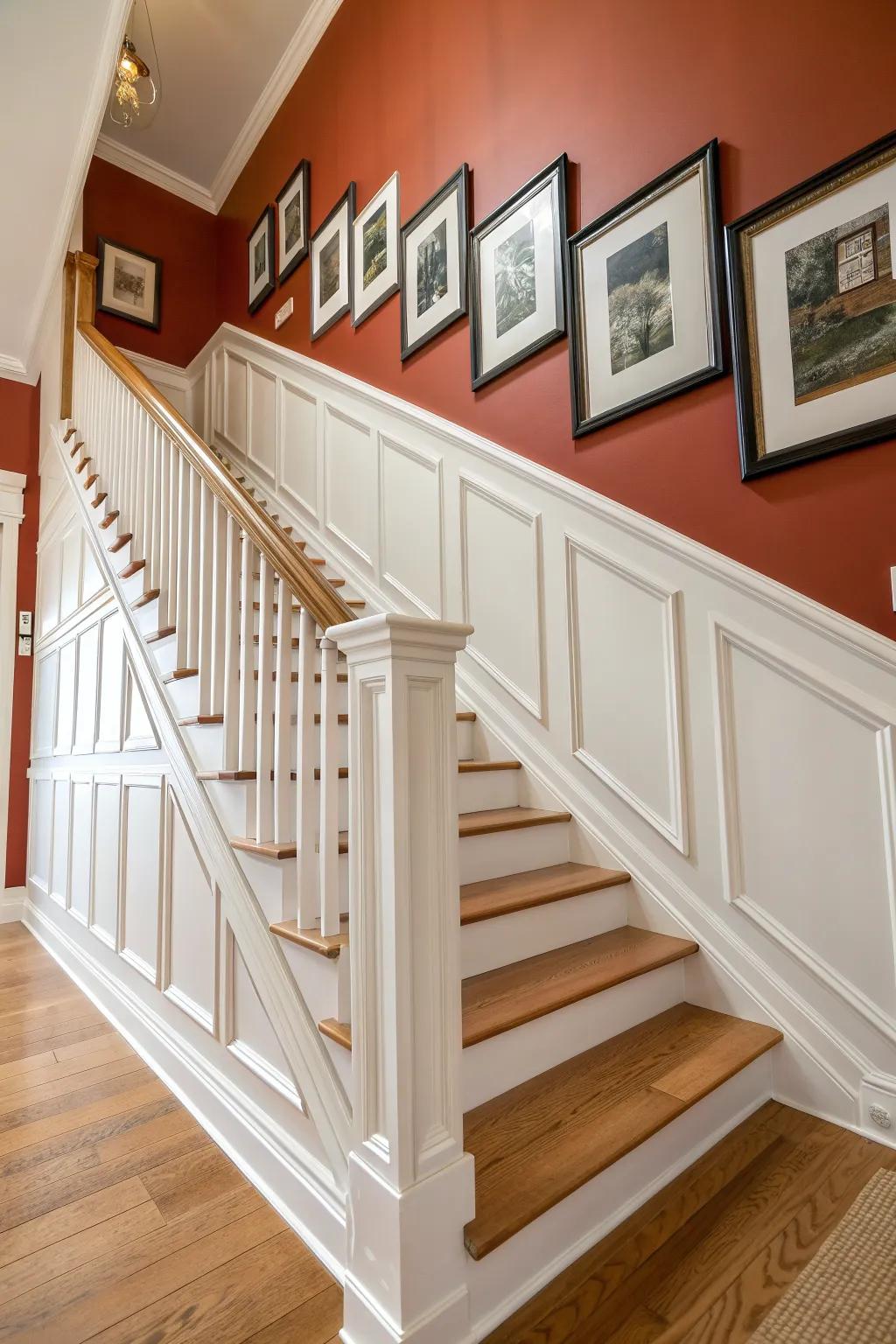 Picture-frame molding that climbs the stairs—classic depth, clean lines, bold color.