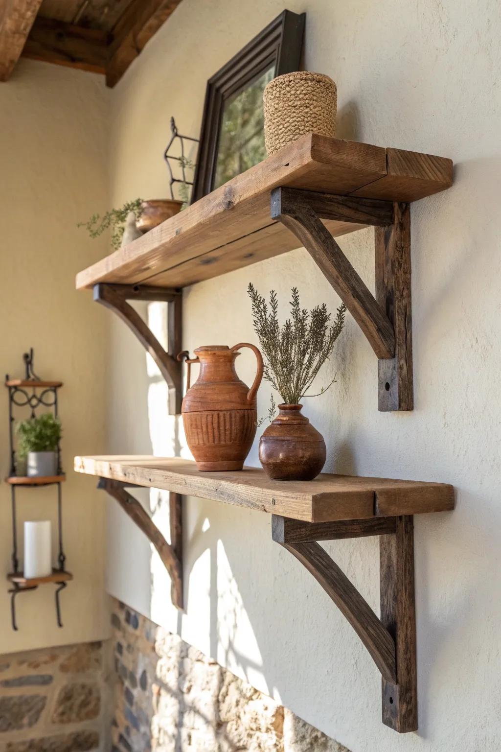 Aged pine shelves on dark corbels—Tuscan warmth with crisp, minimalist contrast.
