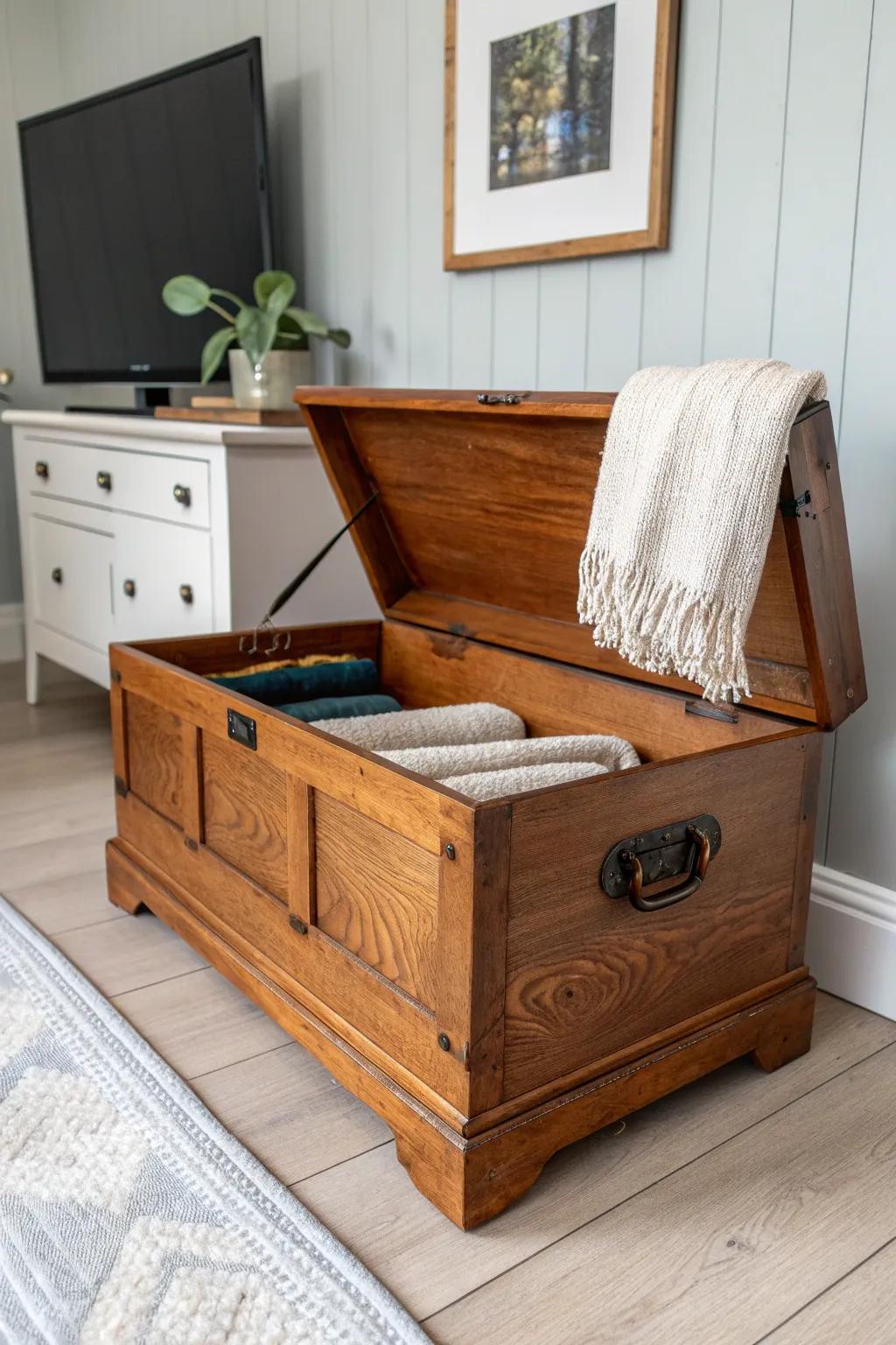 Vintage cedar chest as a TV stand alternative—warm wood, hidden storage, timeless character.