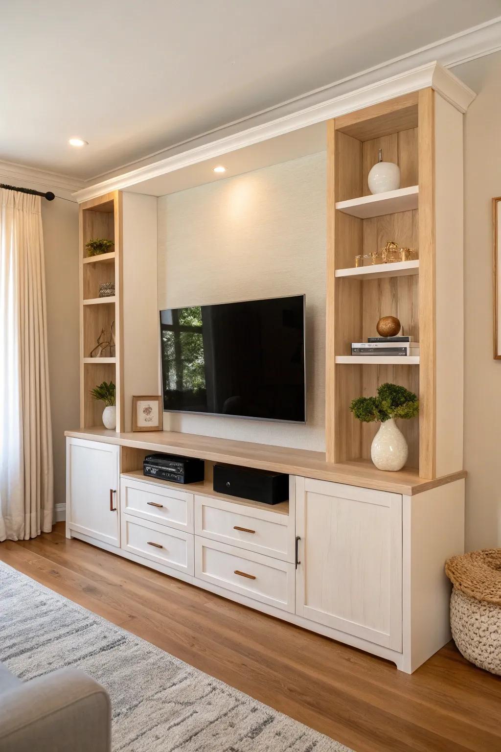 DIY built-in style TV stand with slim cubby towers—clean oak lines and a cozy boho pop.