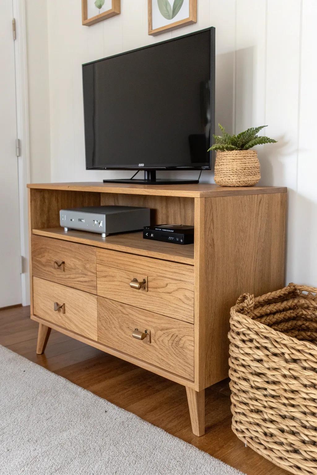Upcycled dresser TV stand with hidden storage + a sleek open bay—perfect for small living rooms.