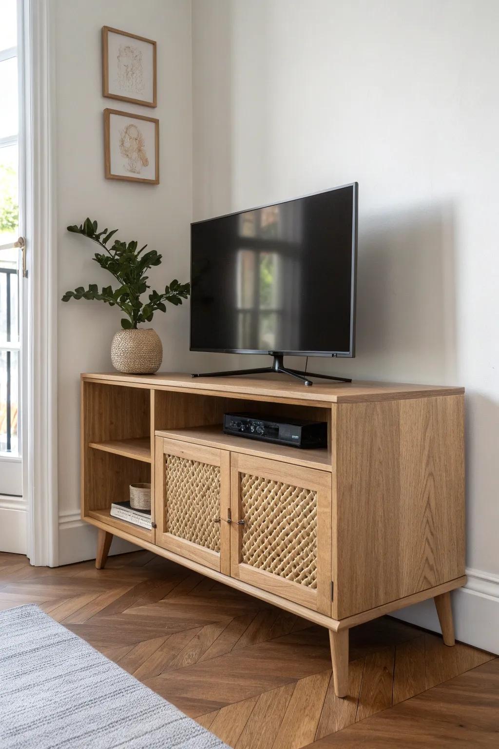 A handcrafted oak corner TV unit turns unused corners into a cozy, space-smart focal point.