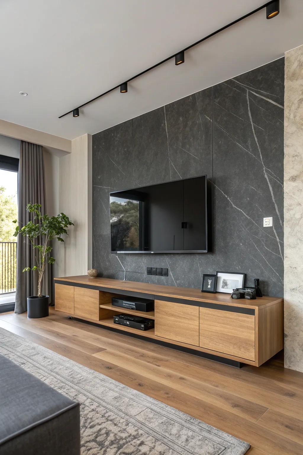 Warm oak + matte stone-look panel: a clean, intentional TV wall that feels quietly luxe.
