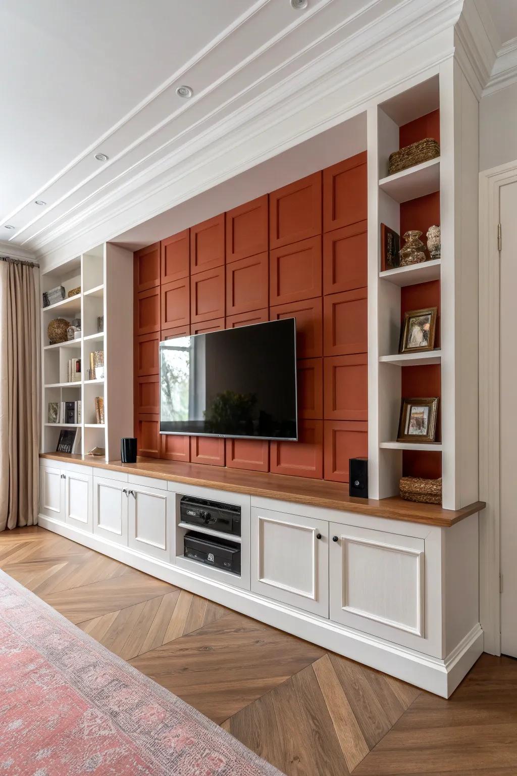 Coffered-style trim boxes frame the TV for a luxe built-in look with bold contrast.