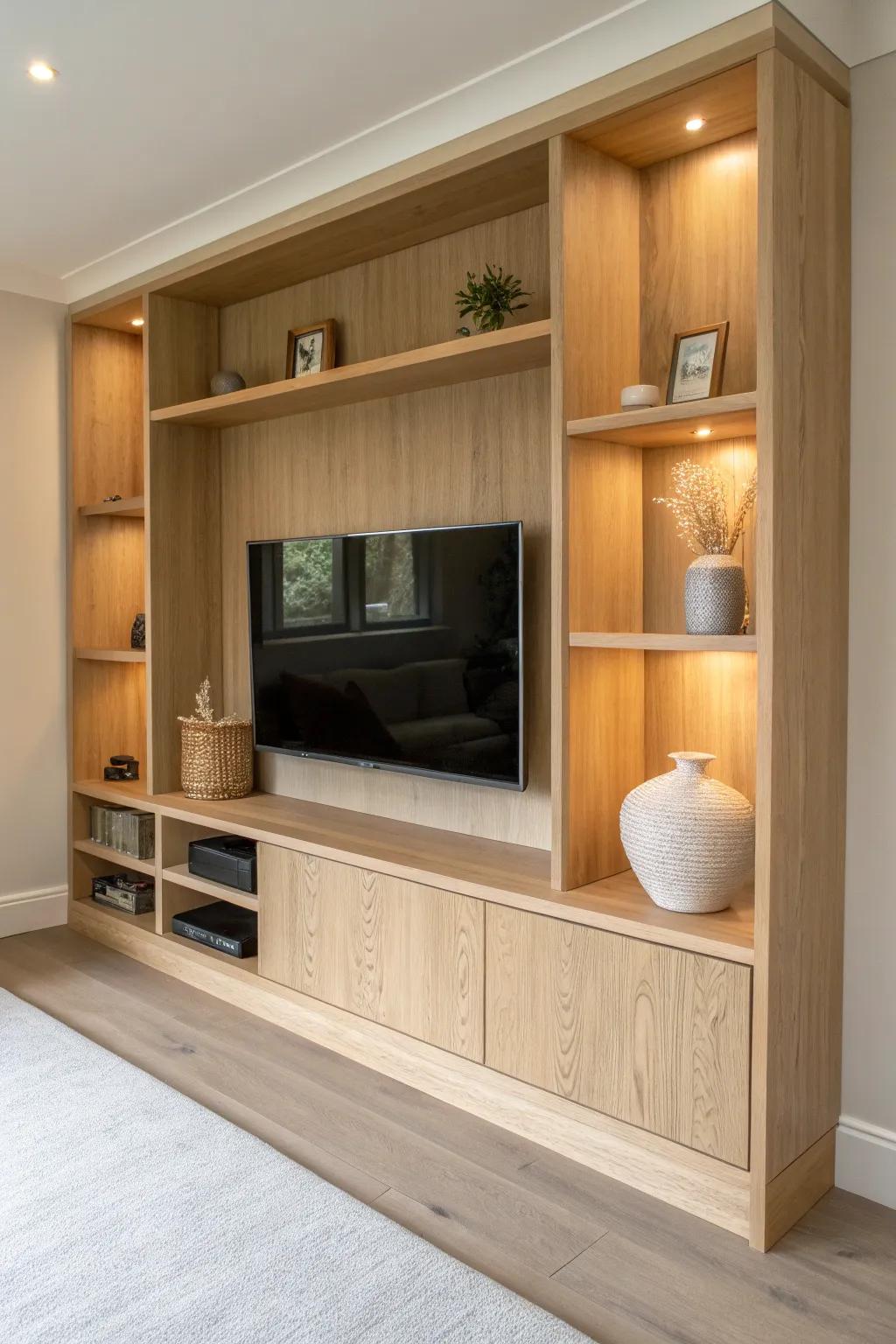 Recessed TV niche in light oak with surround shelving—flush, architectural, and warmly lit.