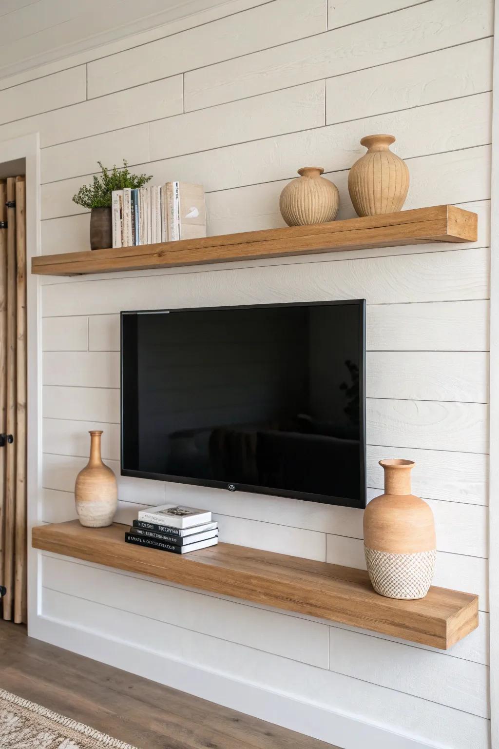White shiplap + warm oak shelves create a clean, cozy TV wall with bold contrast and texture.