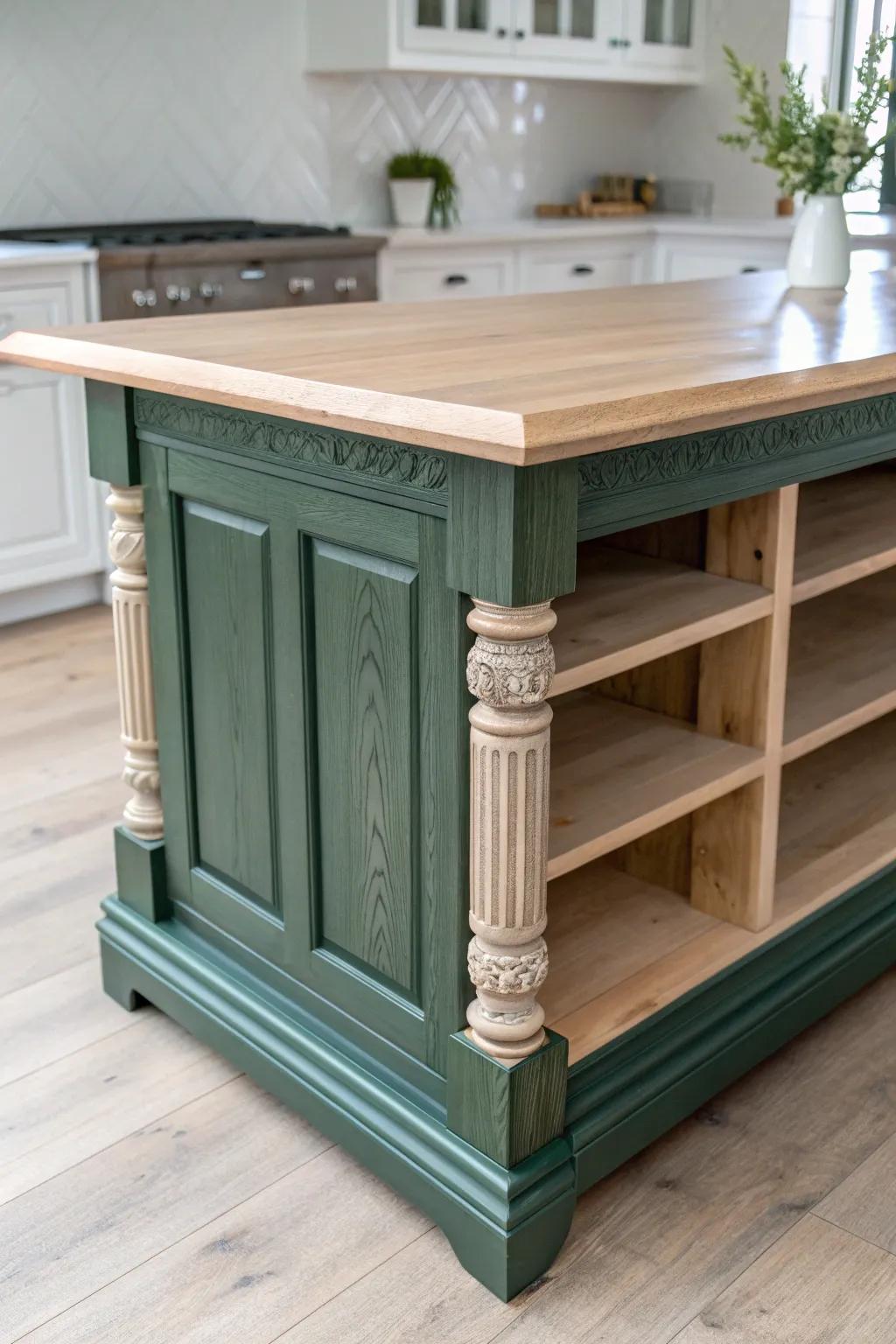 Make a two-tier island look built-in with chunky end panels and reclaimed wood corbels.