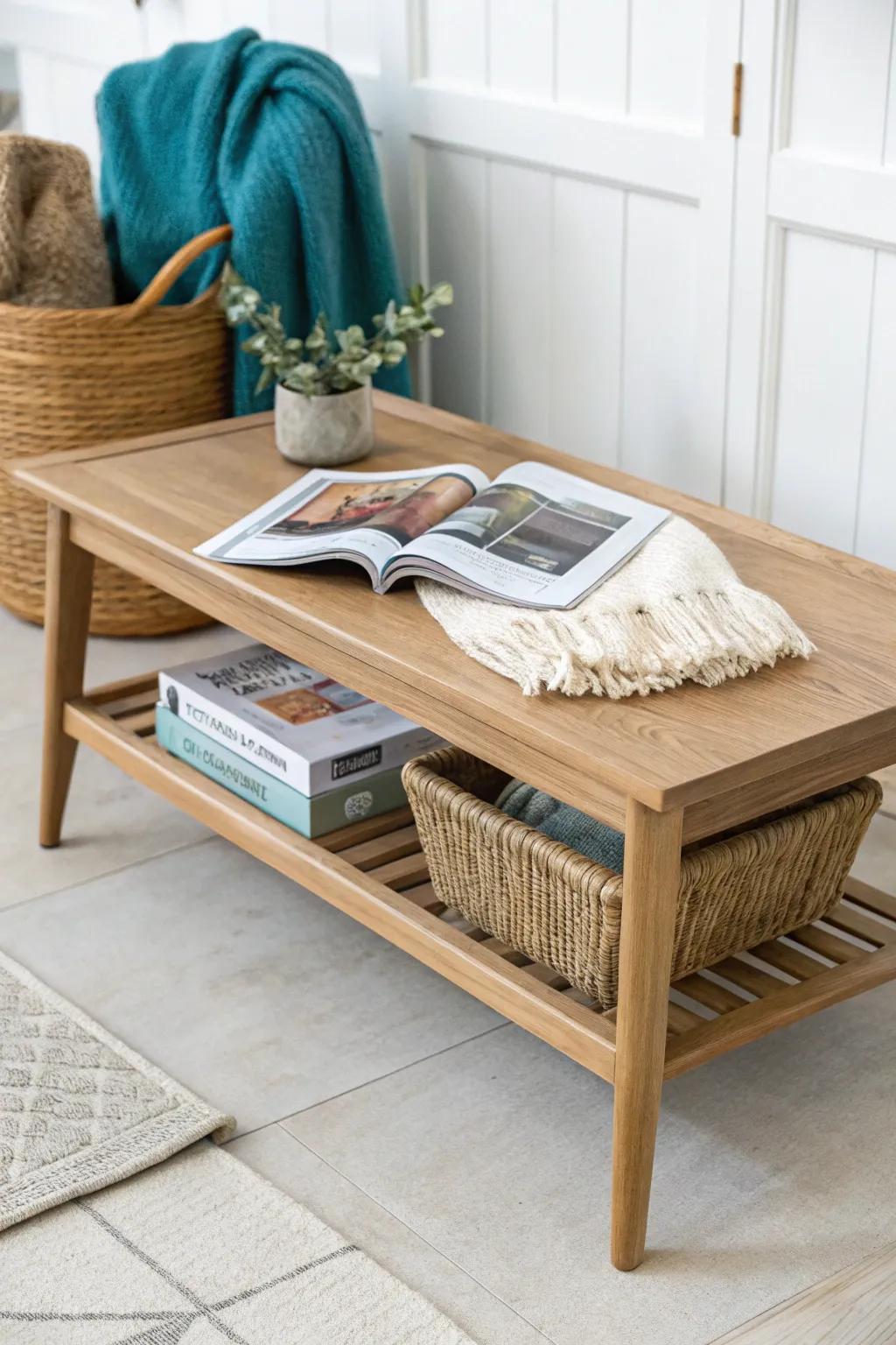 Handcrafted oak coffee table with under-shelf basket + slim magazine rack—clutter-free cozy.