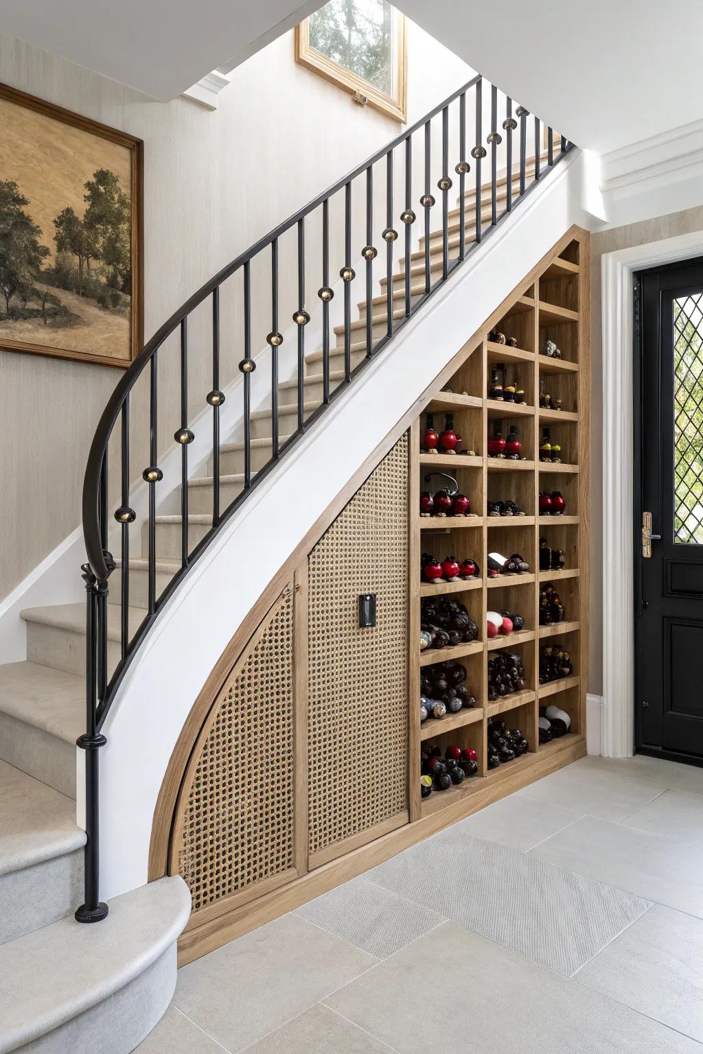 A curved-stair built-in wine grid in light oak—minimal, boho-touched, and beautifully bold.