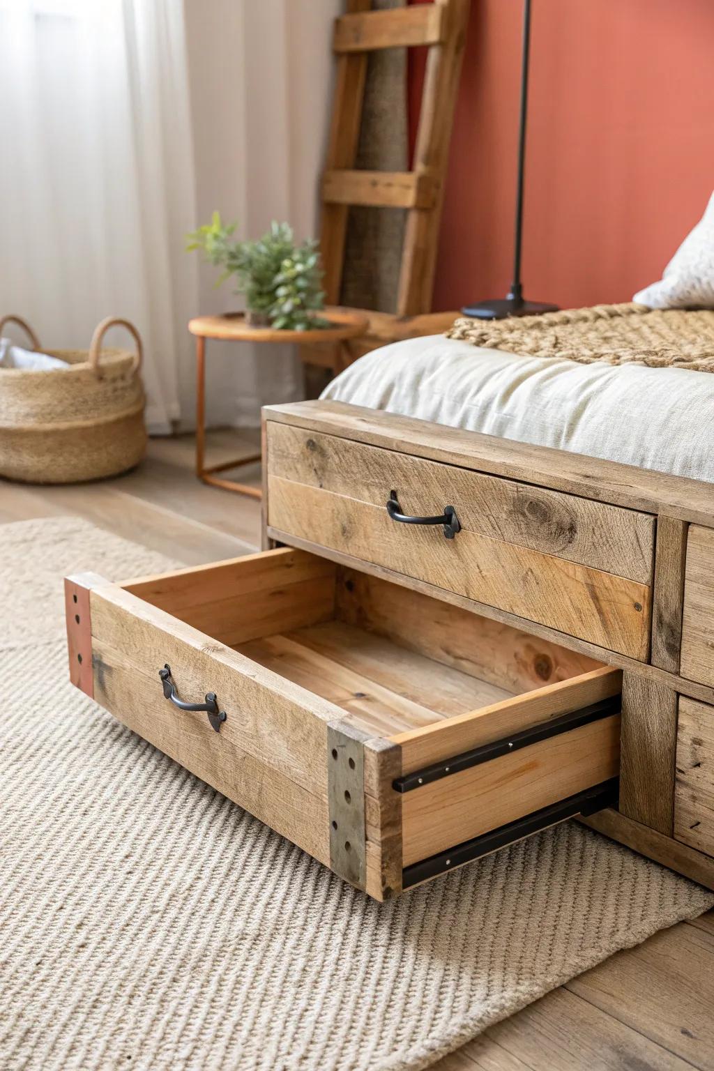 Rustic drop-in crate on runners—an under-table sliding drawer for bulkier supplies.