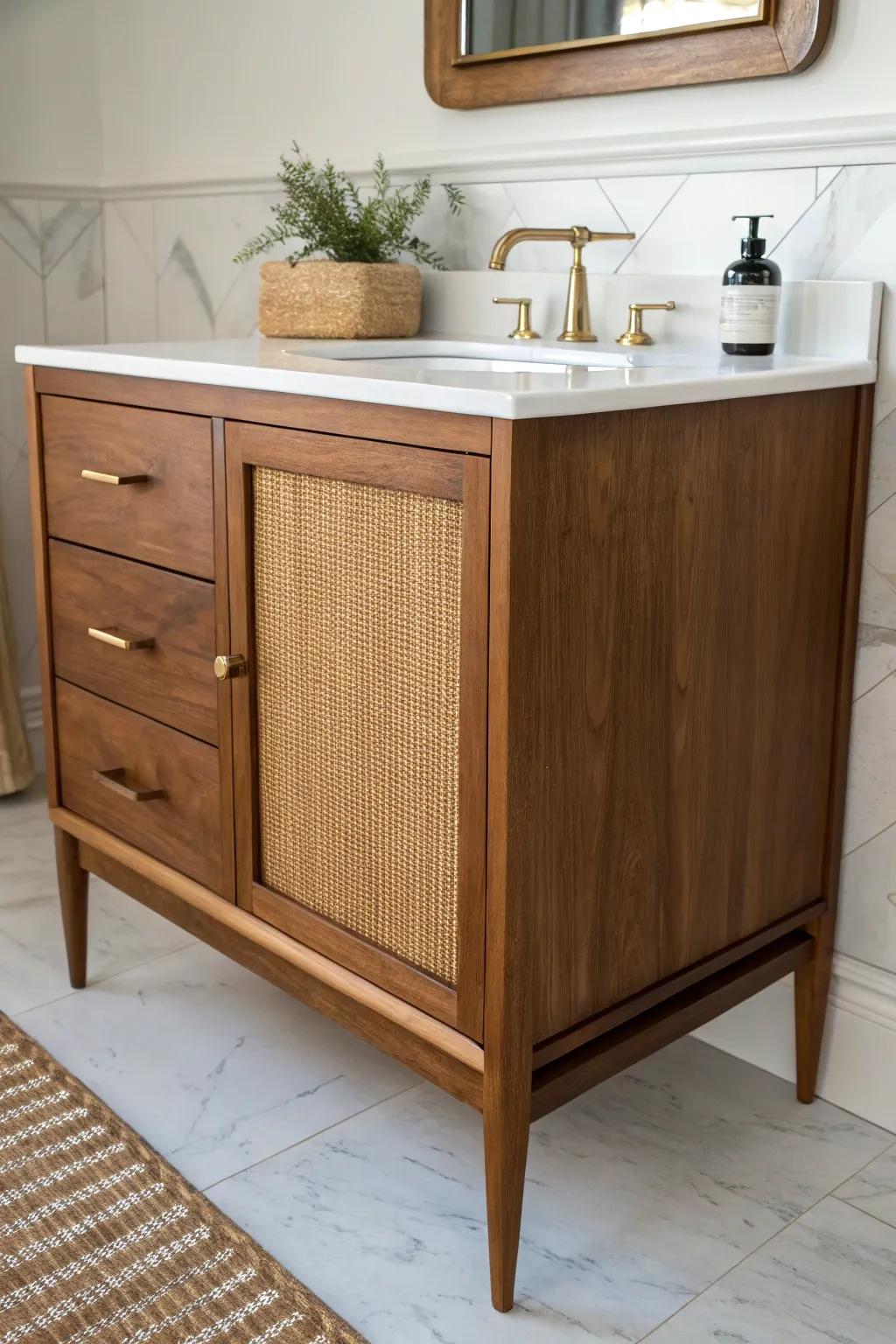 Mid-century leggy vanity with tapered legs—airy, elegant, and perfect for showing off your floors.