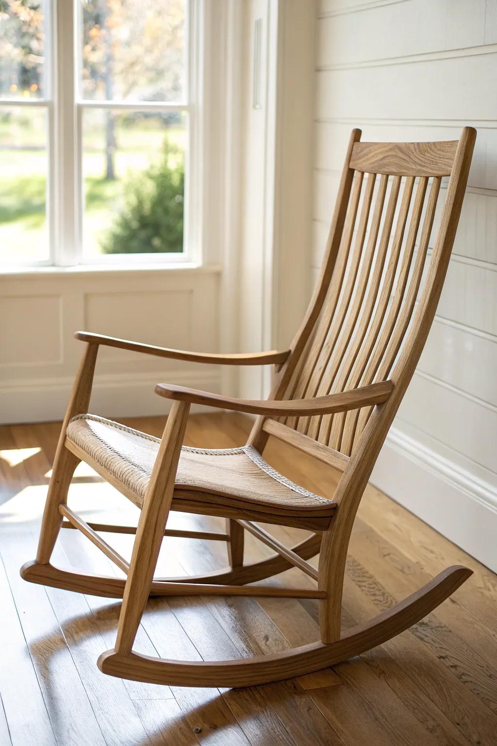 Slim-runner rocking chair: clean Scandinavian lines, subtle curve, bold boho accent.