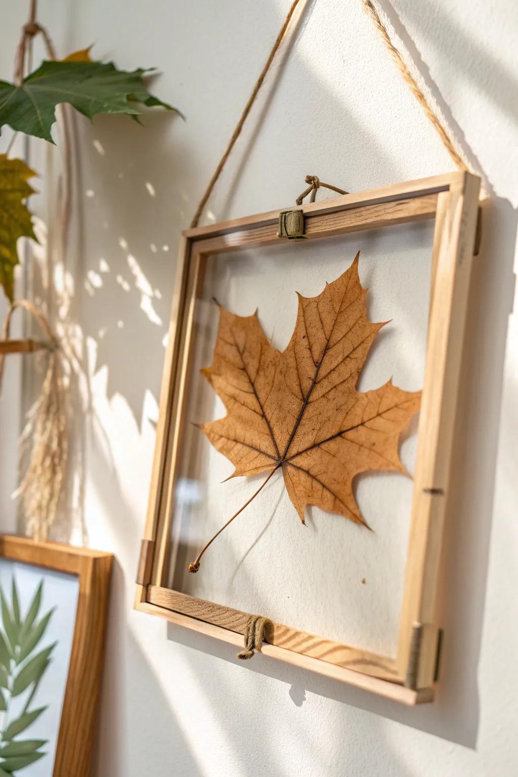 A pressed maple leaf, floating between glass—airy, minimalist framing with bold autumn color.