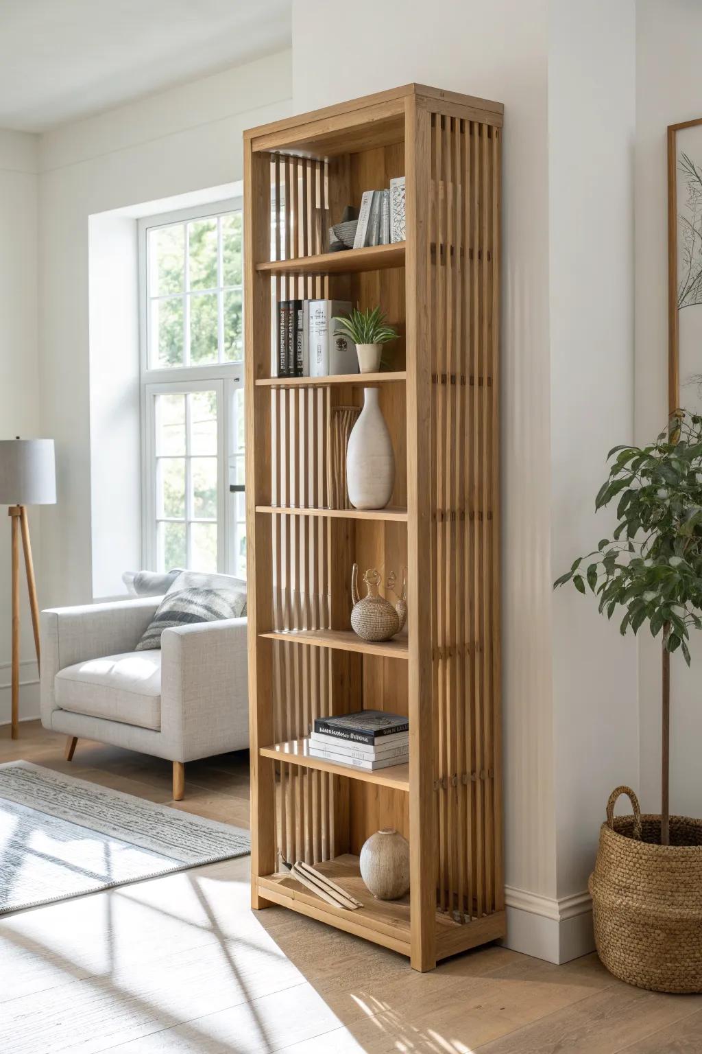 An airy oak slat room divider with staggered shelves—sculptural, practical, and light-filled.