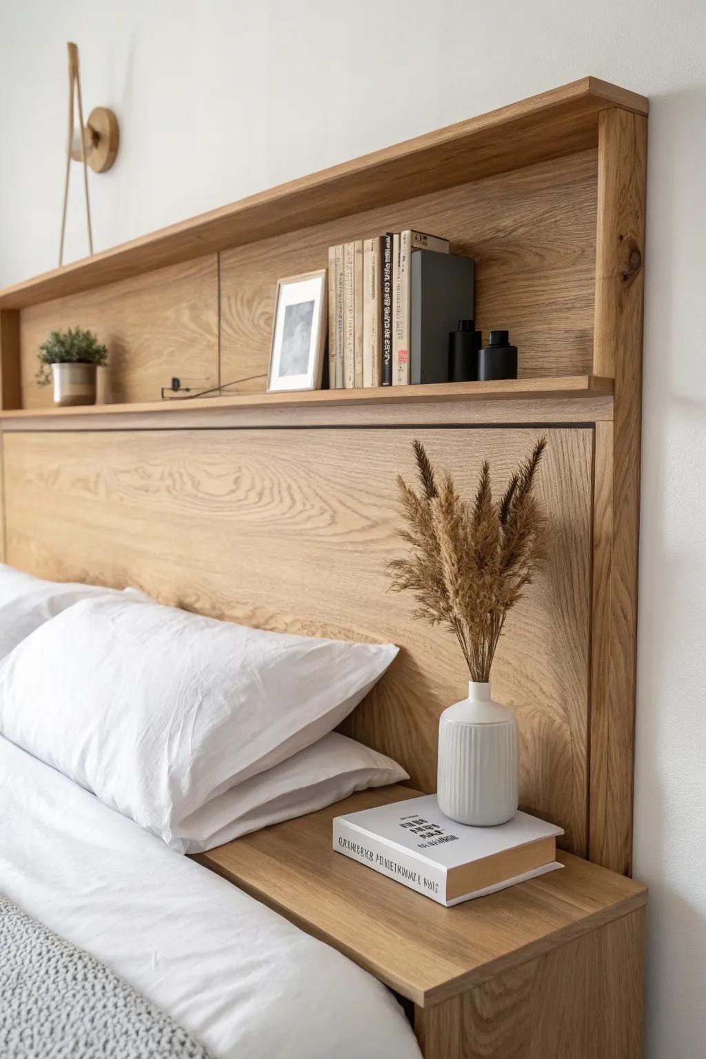 Chunky floating shelf headboard in oak—hidden brackets, rounded edges, and chic storage.