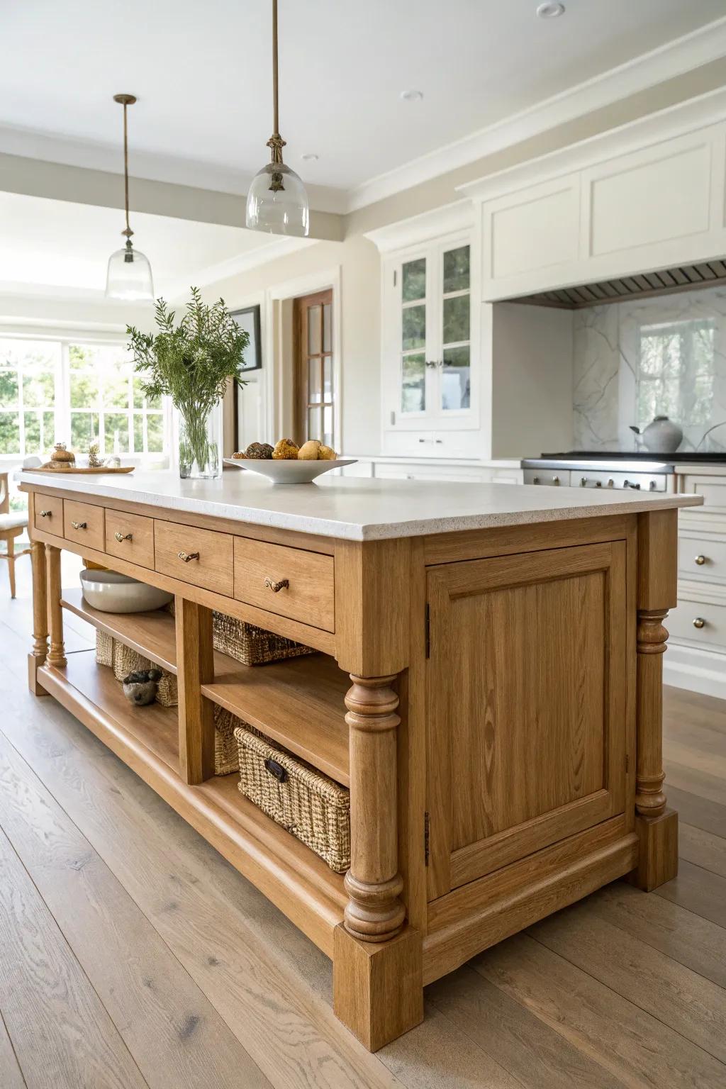 Furniture-style corbels and turned legs transform a plain island into a statement piece.