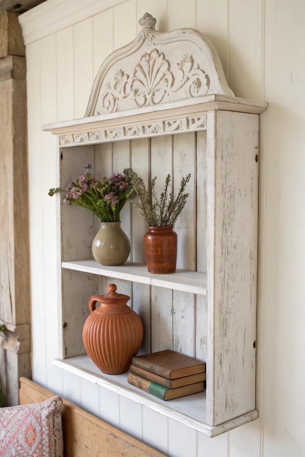 A slim shelf backed by a repurposed headboard—minimal, boho-warm, and beautifully crafted.