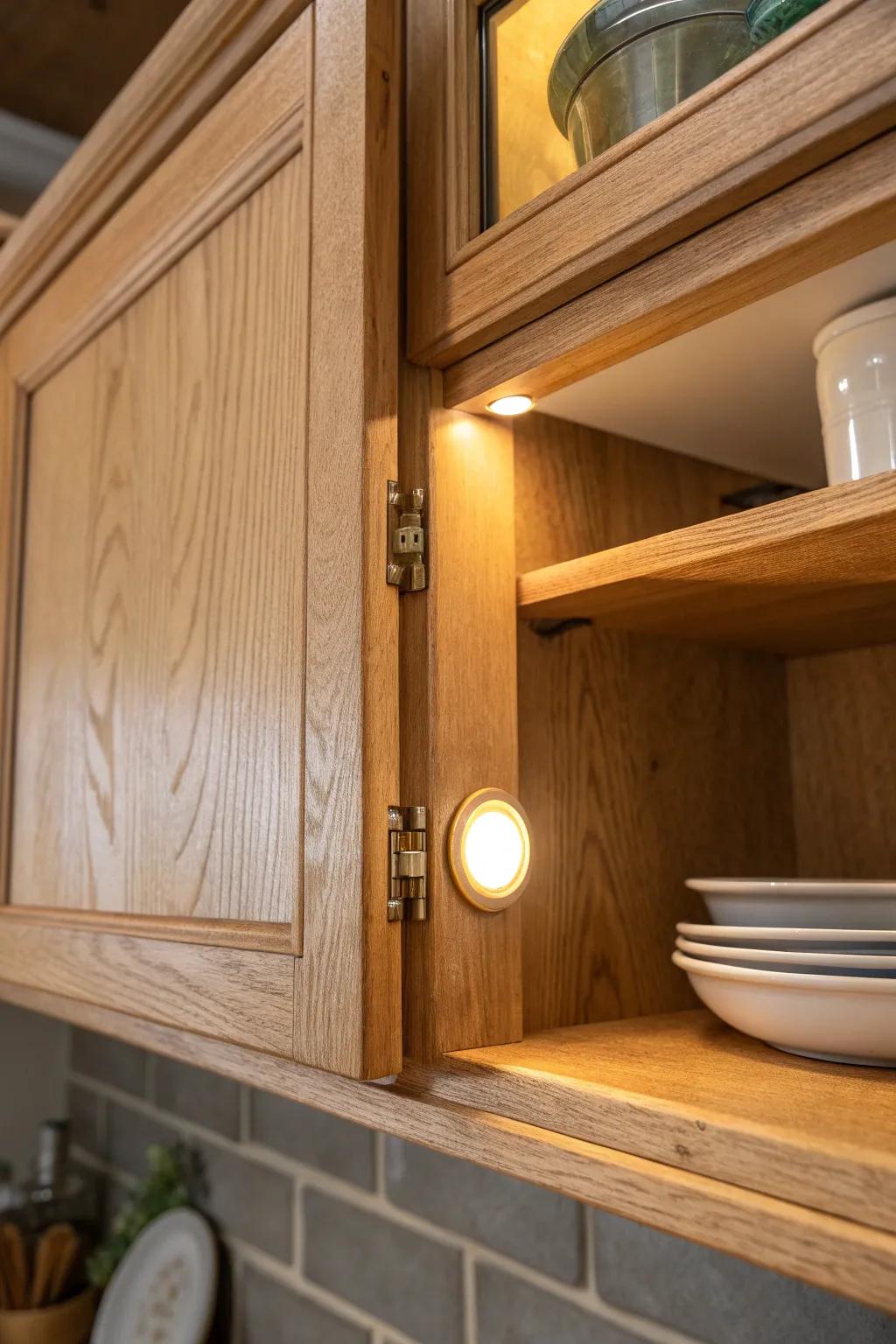 Warm motion-activated puck light turns a dark upper corner cabinet into an instantly visible nook.