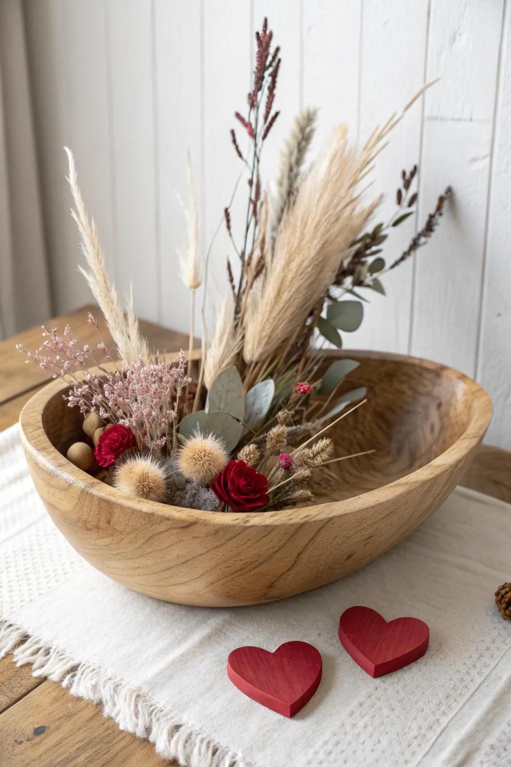 Heart picks tucked into dried florals in a wooden dough bowl—pretty all season, zero upkeep.