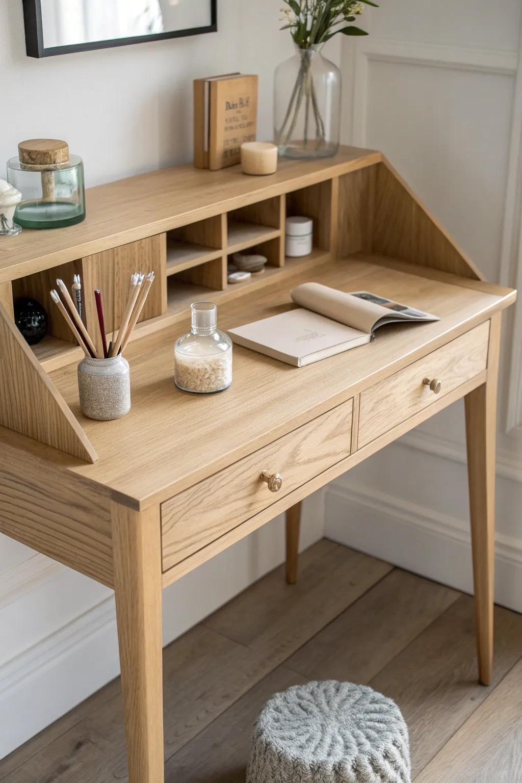 Open-shelf hutch vanity: pretty essentials up top, brushes and jars below—tidy and serene.