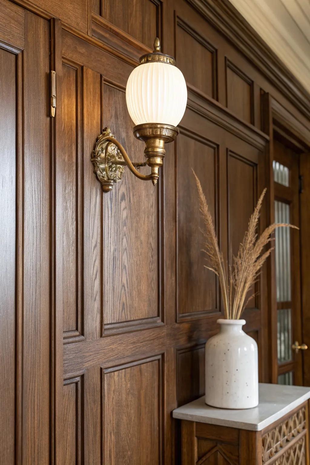 Layered Victorian sconce light to warm walnut woodwork—soft, cozy glow with bold contrast.