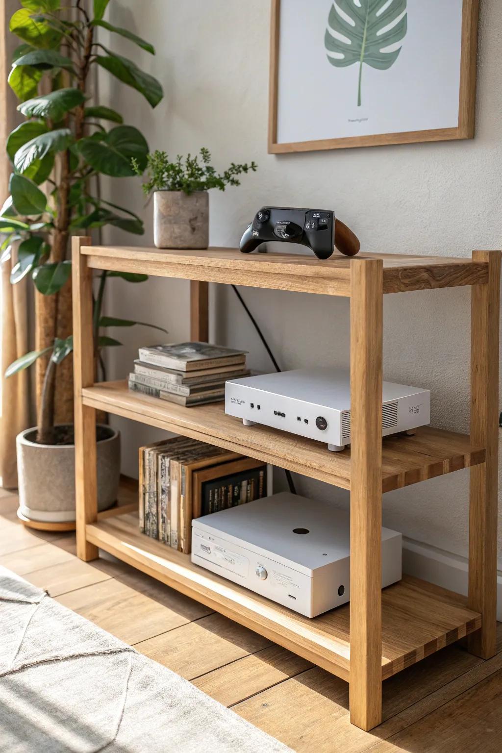 Adjustable pin shelves let your console setup flex for tall systems and chunky docks.