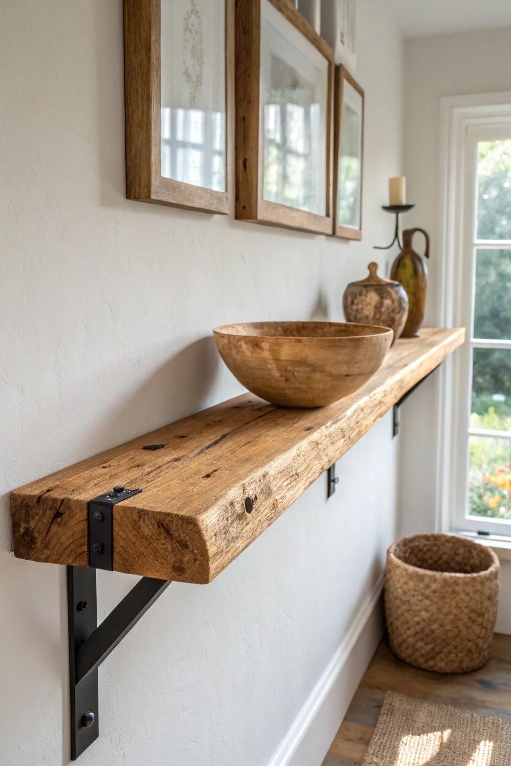 Reclaimed timber + black iron brackets for a bold Viking-meets-Scandi open shelf moment.