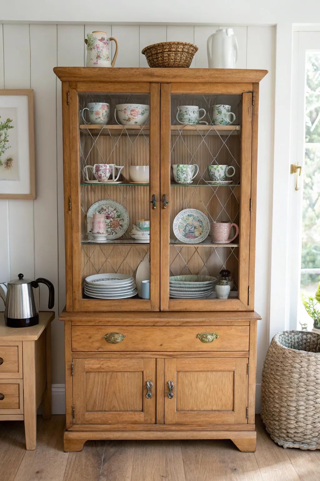 A glass-front china cabinet coffee bar—pretty cups on display, with wood grooves for tidy saucers.