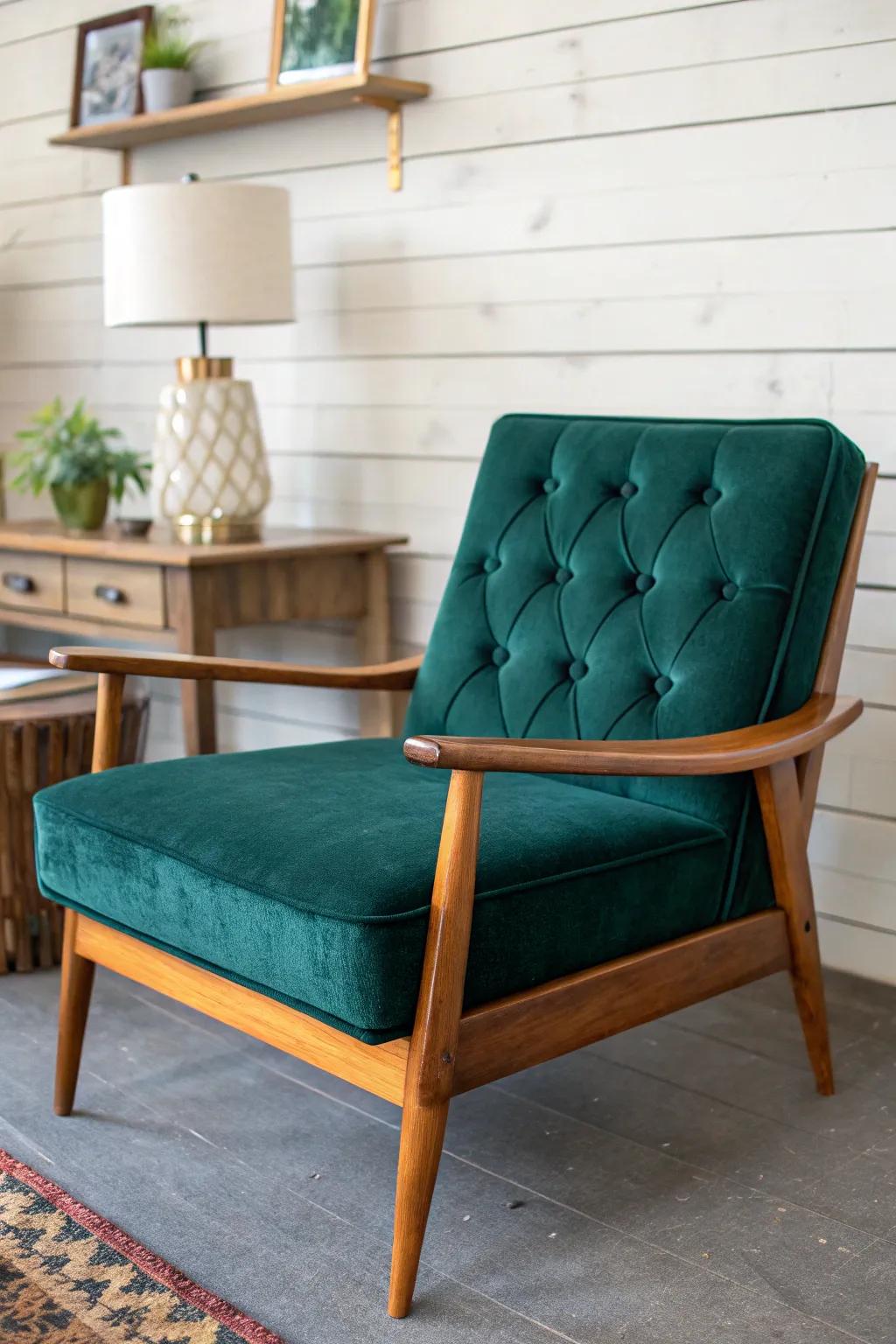 Restored tufted lounge chair—vintage coffee house comfort with handcrafted wood details.