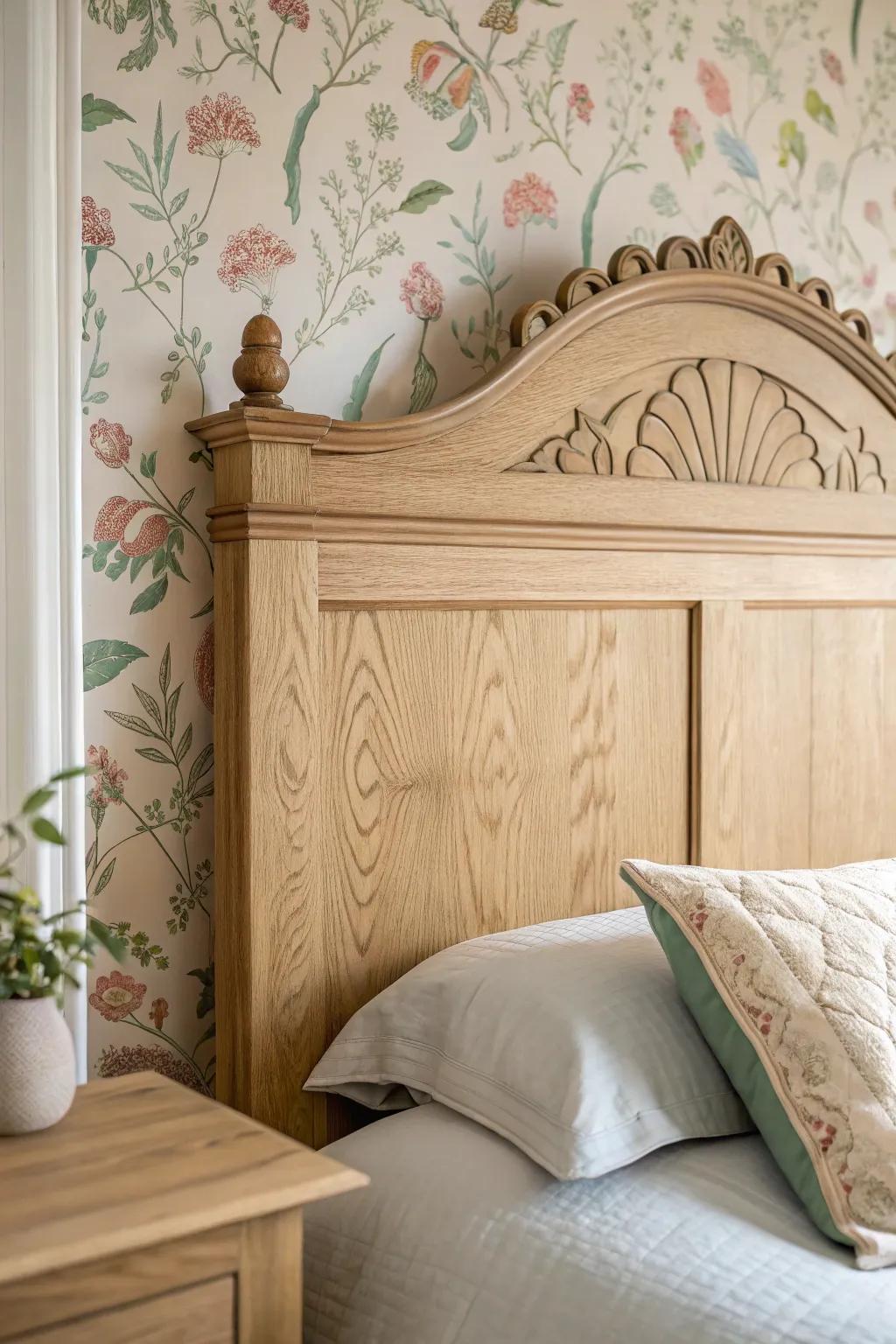 Light oak craftsmanship meets sweet vintage florals—an effortless cottage accent wall.
