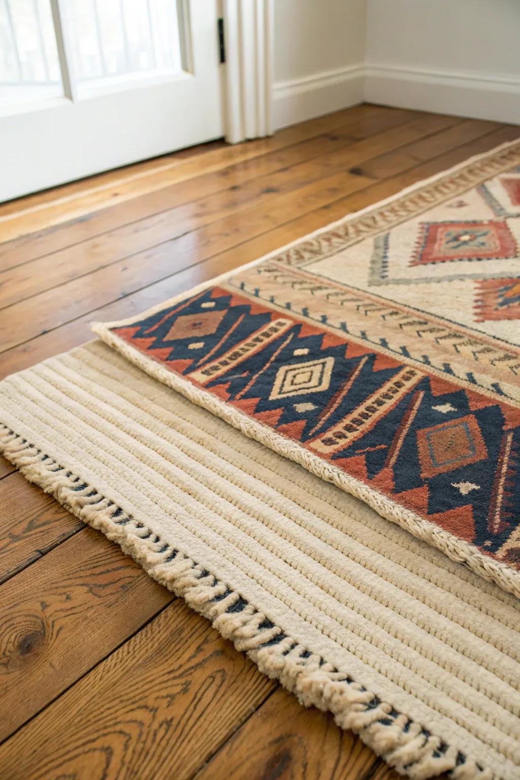 Layer a bold vintage runner over a neutral base rug for cozy, collected bedroom charm.