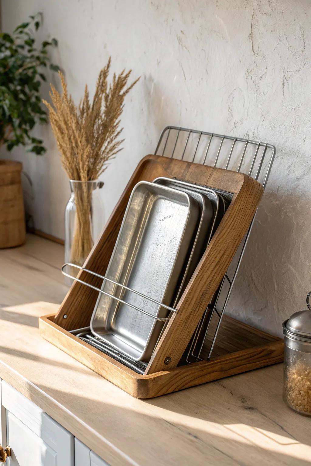 Vintage magazine rack turns into a chic organizer for baking sheets and cooling racks.