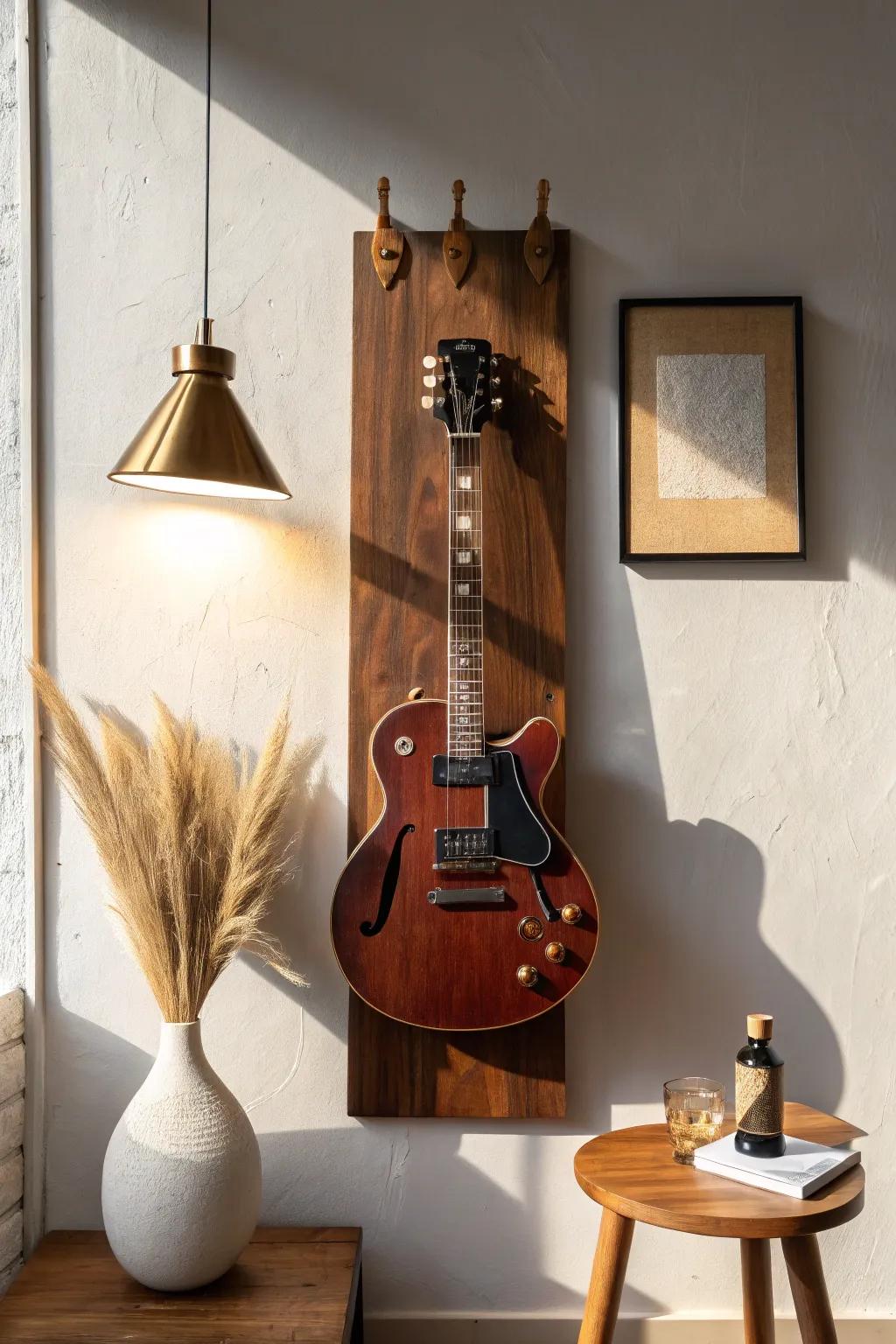 Vintage guitar wall art on a walnut backer board—spotlit craftsmanship with bold contrast.