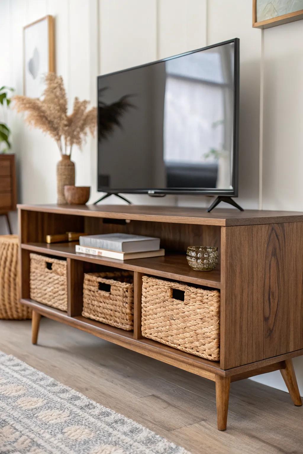 Open-shelf vintage TV stand with woven baskets—simple, warm, and perfect for hiding gadgets.