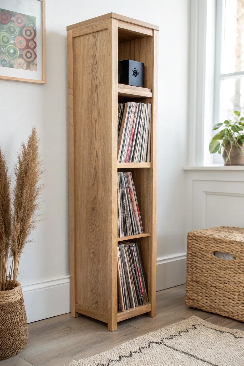 Slim oak record tower with snug cubbies—perfect vertical LP storage for tiny corners.