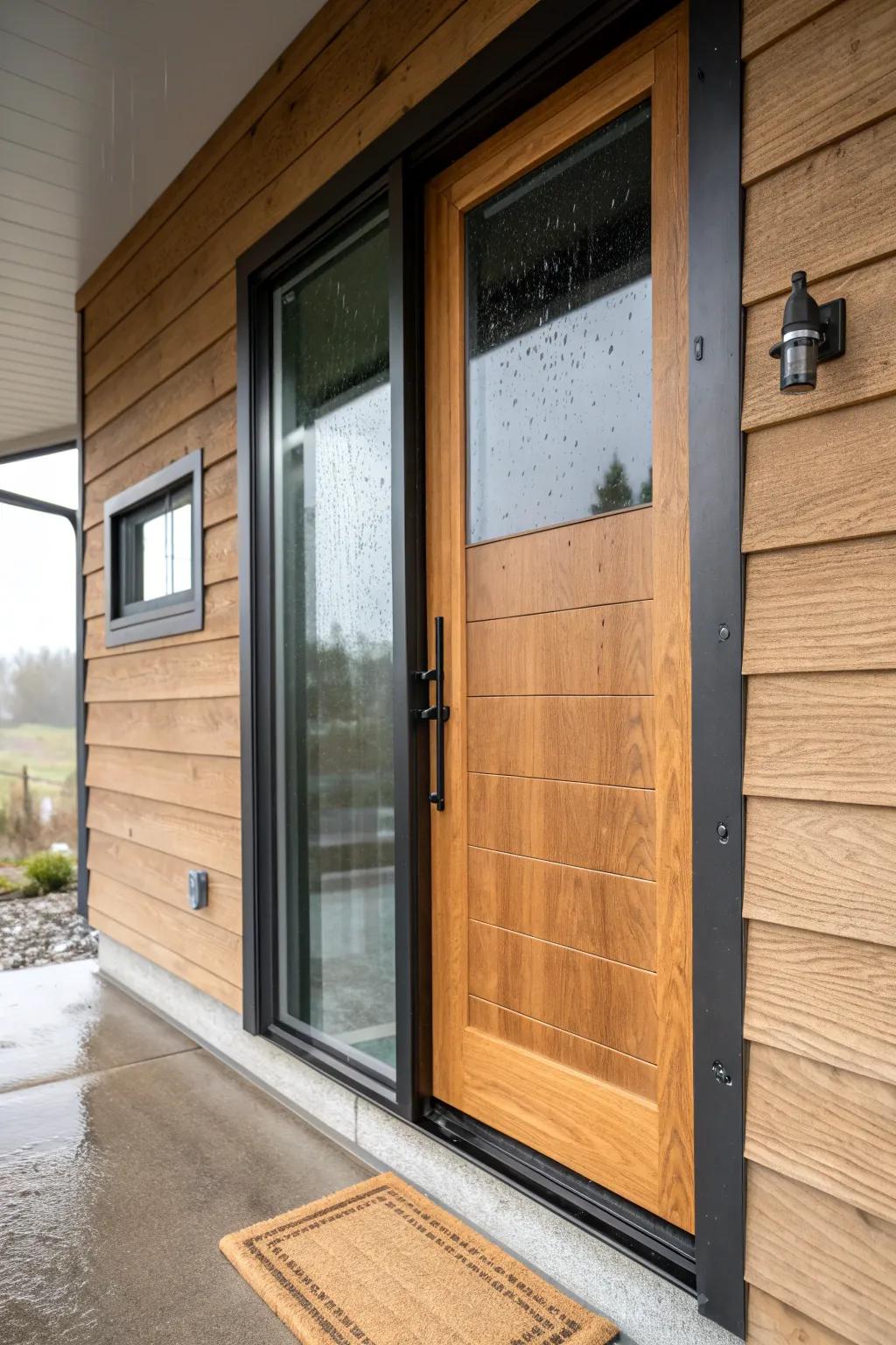 A sleek wood-and-glass storm door that blocks drafts and rain—minimal, warm, and durable.