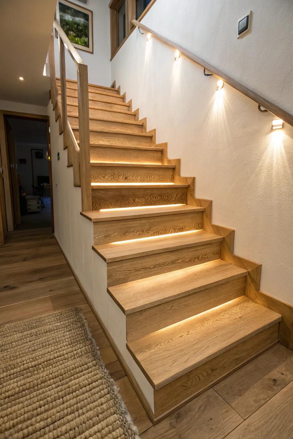 Soft built-in lighting on every side makes these oak basement stairs glow—safe, calm, and chic.