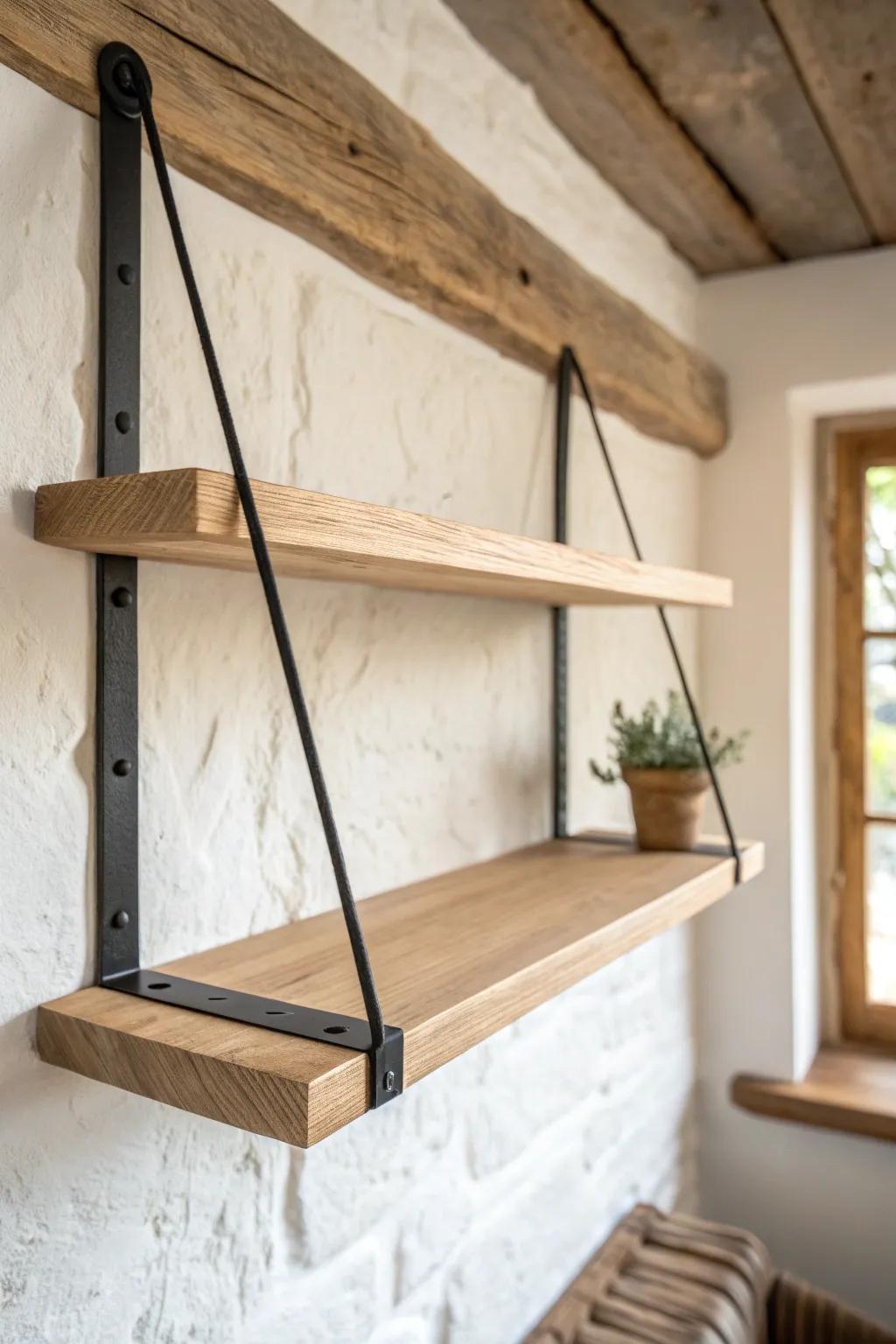 Floating shelves on beam brackets: minimalist structure with warm wood grain and bold contrast.