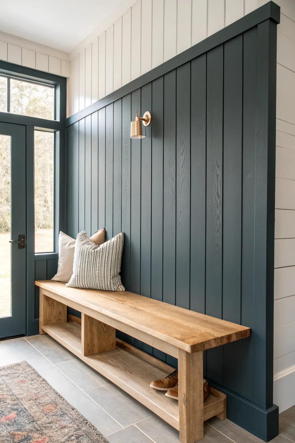 Shiplap bench wall combo: painted panels + warm wood seat for a cozy, custom entry nook.