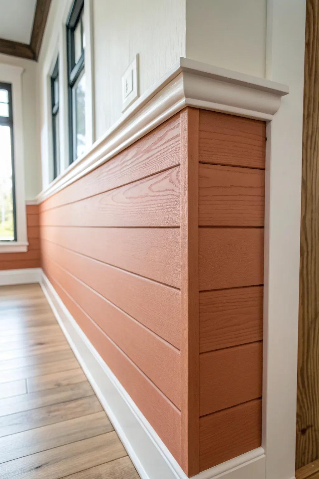 Shiplap half-wall + crisp oak trim cap—an easy, durable border that looks beautifully tailored.