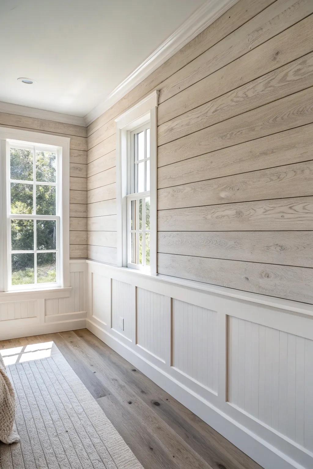 Light oak-look wall laminate brings airy brightness with cozy warmth for a modern farmhouse vibe.