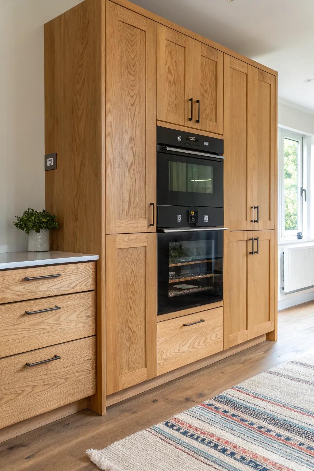 Ergonomic elevated oven cabinet in warm oak—sleek black contrast, and no more crouching to bake.