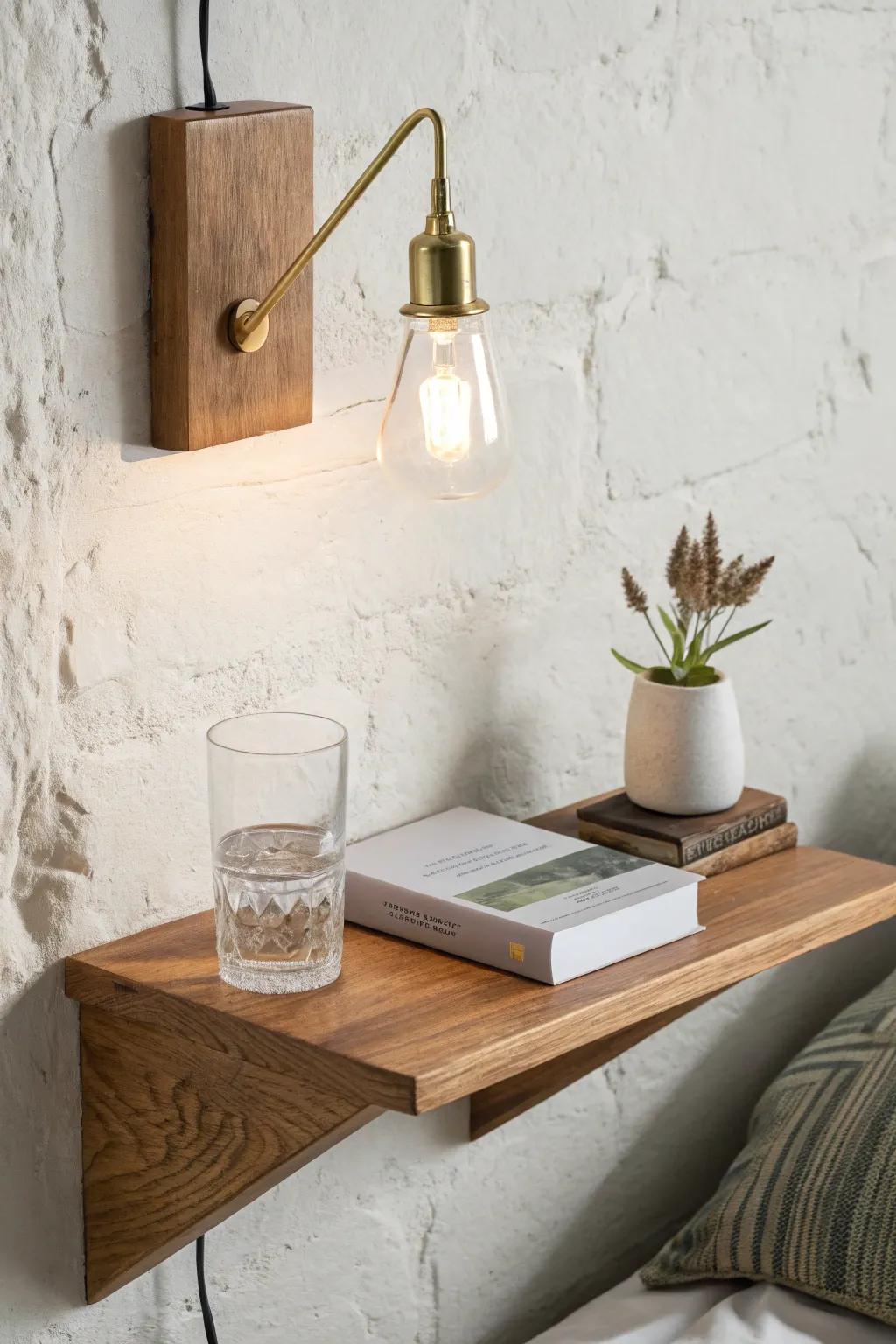 No room for a nightstand? Try a sconce shelf—just space for a book and water.