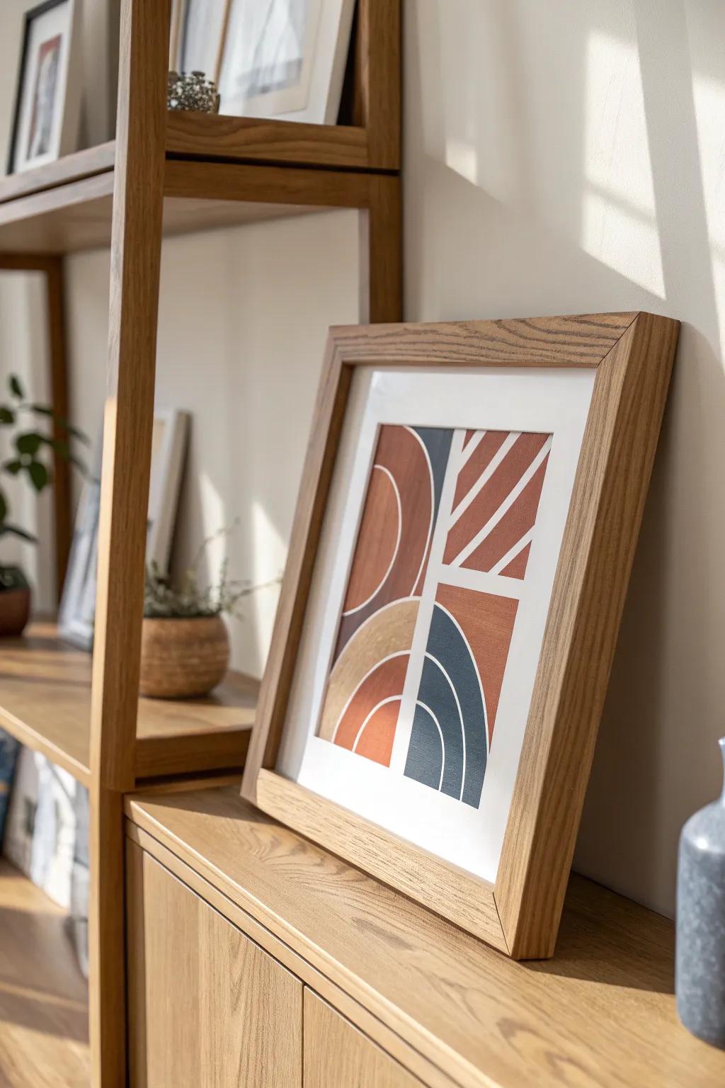 Lean a bold framed print on your shelves for instant refresh—no nails, just effortless style.